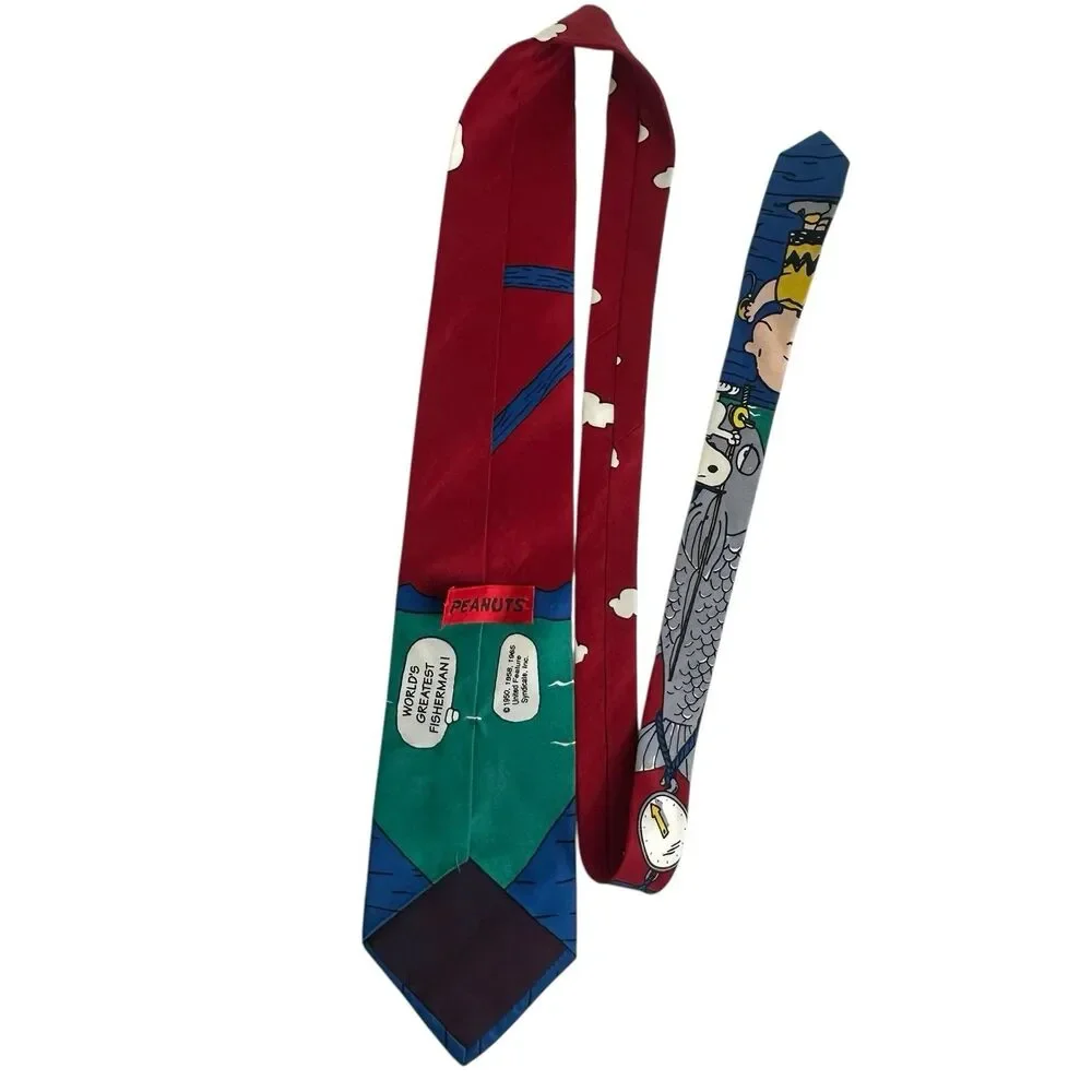 Peanuts Men's 100% Silk Necktie Worlds Greatest Fisherman Snoopy Charlie Brown